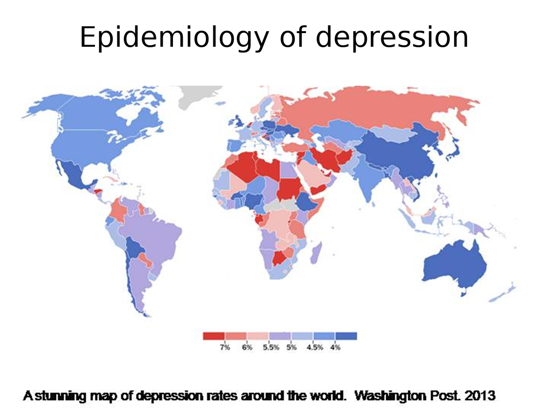 Epidemiology of depression. A map of depression rates around the world, Washington Post, 2013.